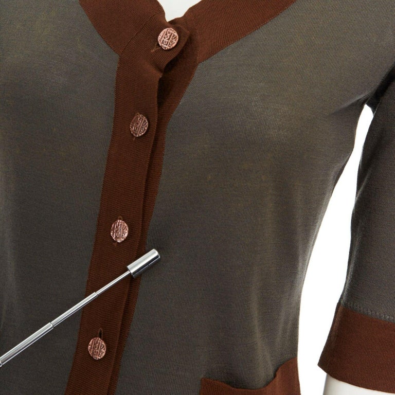 GRAEME BLACK grey brown trimmed copper button 3/4 sleeves cardigan