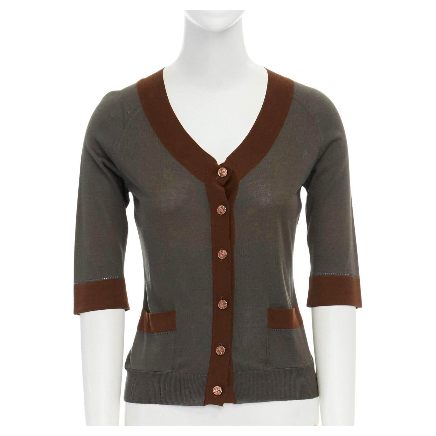 GRAEME BLACK grey brown trimmed copper button 3/4 sleeves cardigan sweater  IT40