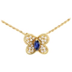 Graff 0.30 Carat Sapphire 0.40 Ct Diamond Yellow Gold Butterfly Pendant Necklace