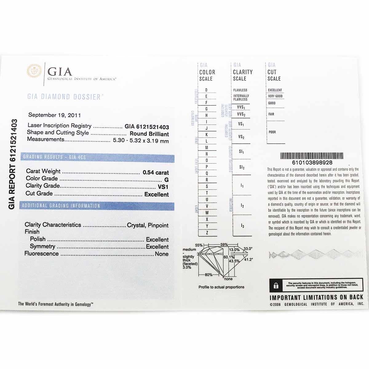 Women's Graff Diamond 0.54ct G-VS1-3Ex Platinum Solitaire Ring US 3 1/4 For Sale