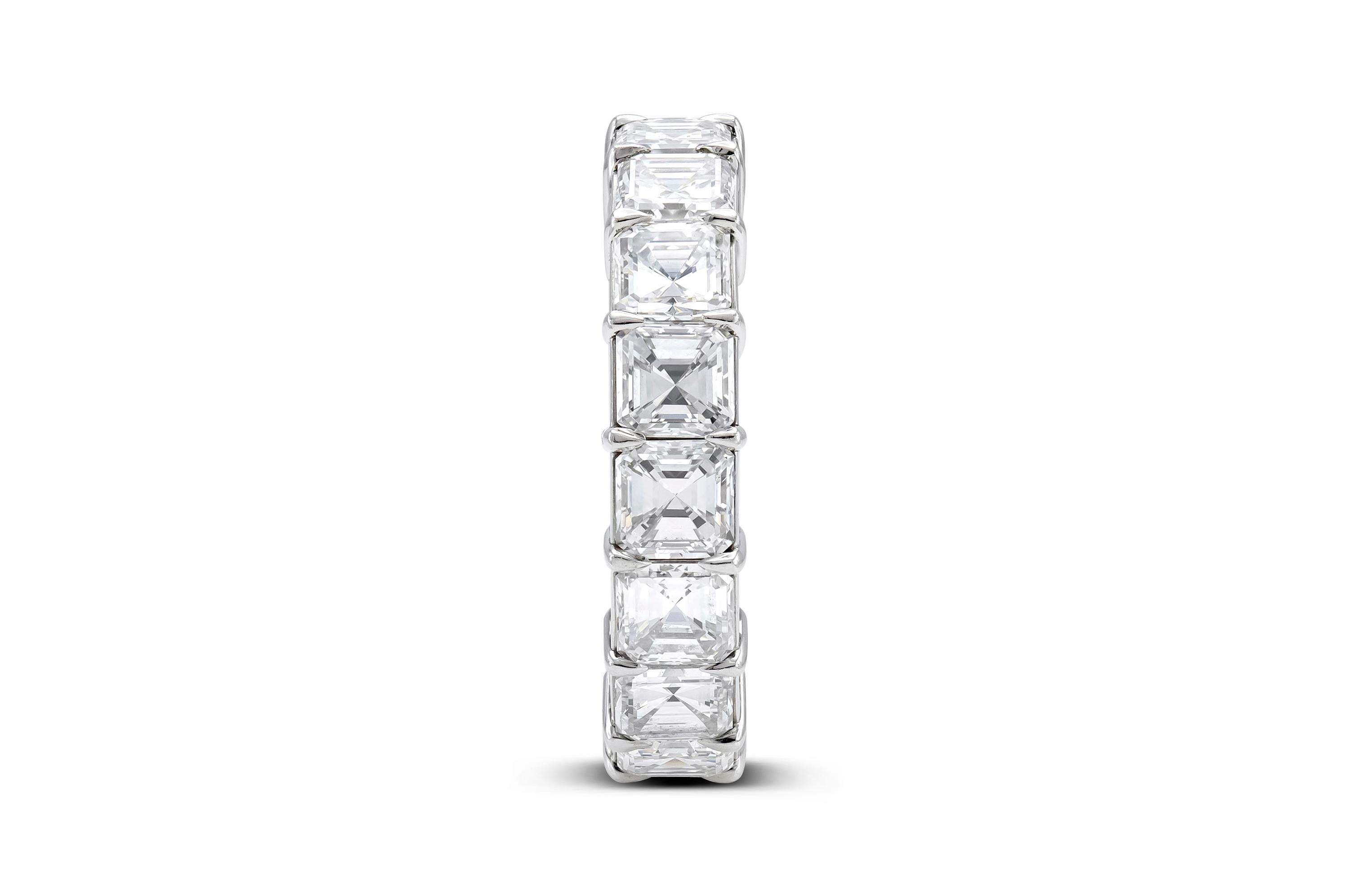 Finely crafted in platinum with 17 Square Emerald cut diamonds weighing approximately a total of 11.00 carats.
E-F color, VVS-VS clarity
Signed by Graff
Size 9