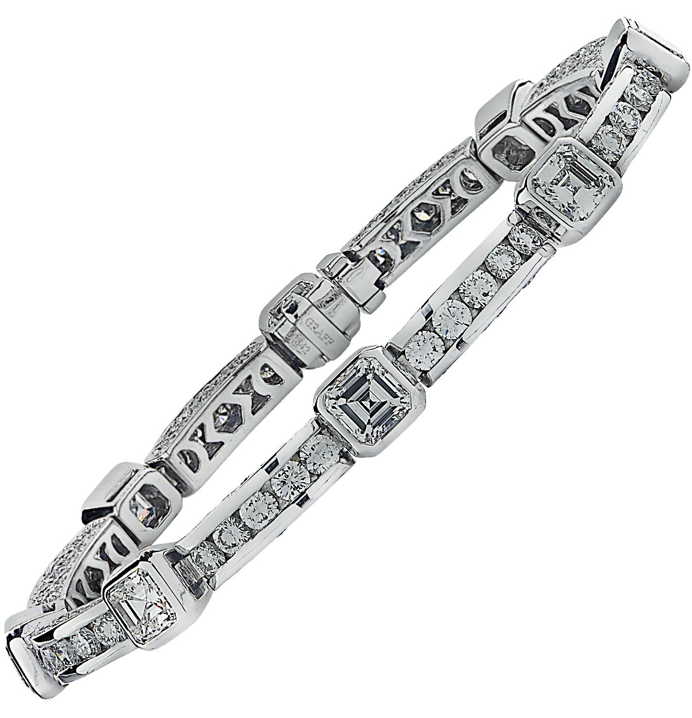 From the renowned House of Graff, this sensational bracelet is finely crafted in Platinum, and showcases 8 spectacular Ascher Cut Diamonds weighing 6.04 carats, D-F color, VVS-VS Clarity, and 280 round brilliant cut diamonds weighing 8.73 carats