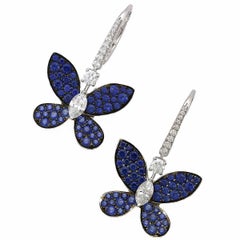 Graff 18 Karat White Gold Butterfly Blue Sapphire Marquise Diamond Drop Earrings