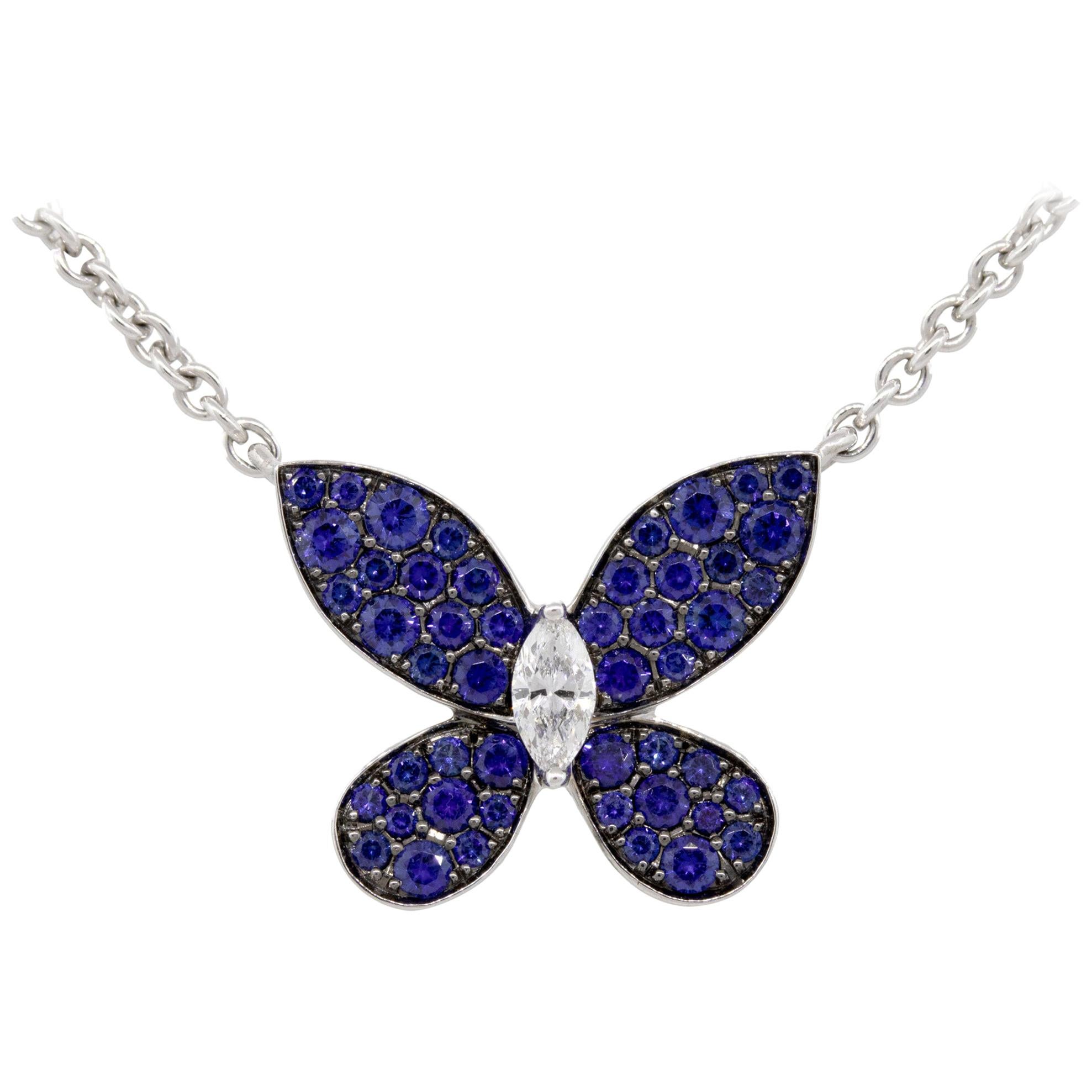 Graff 18 Karat White Gold Diamond and Sapphire Butterfly Pendant Necklace