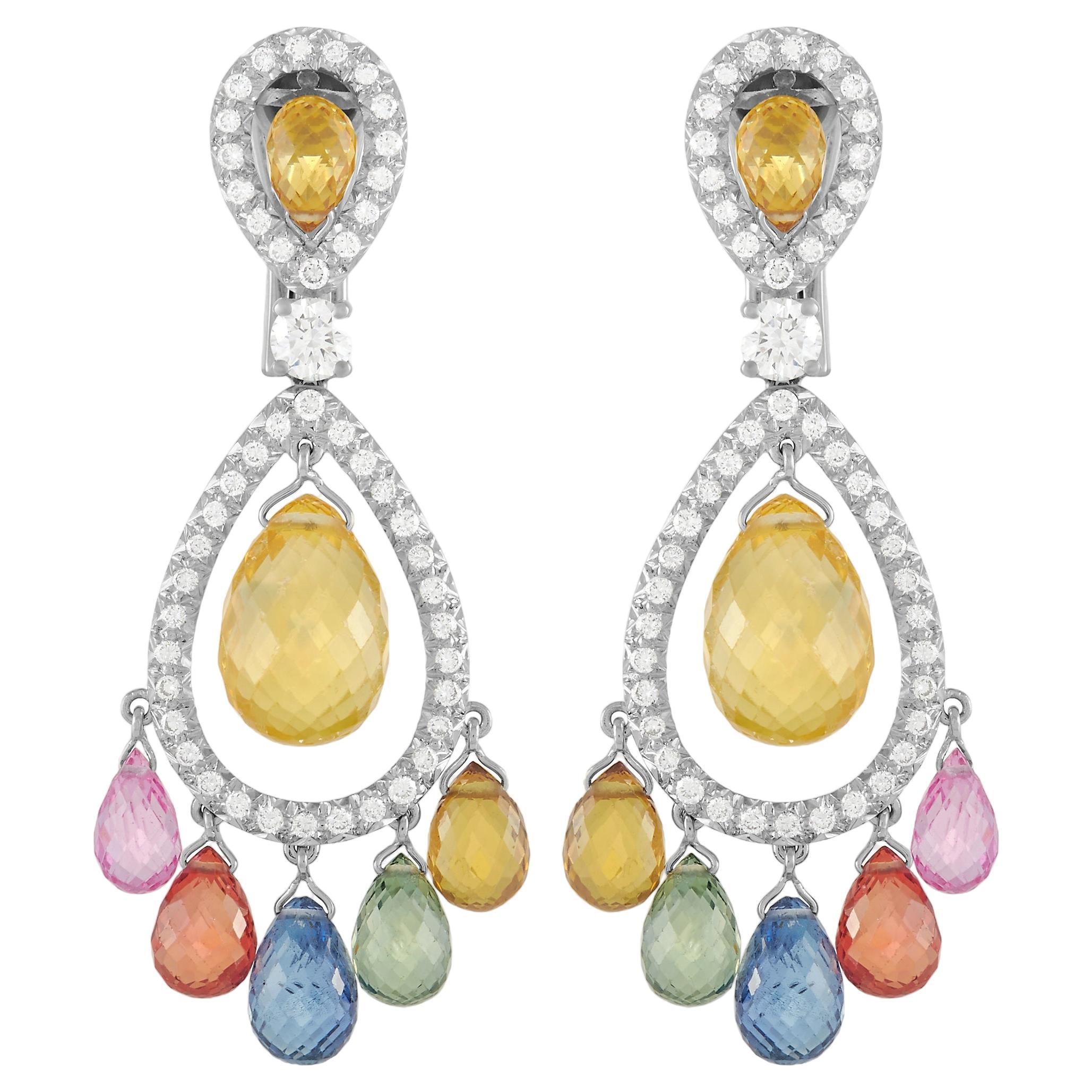 Graff 18K White Gold 1.20 Ct Diamond and Multi-Colored Sapphire Dangle Earrings