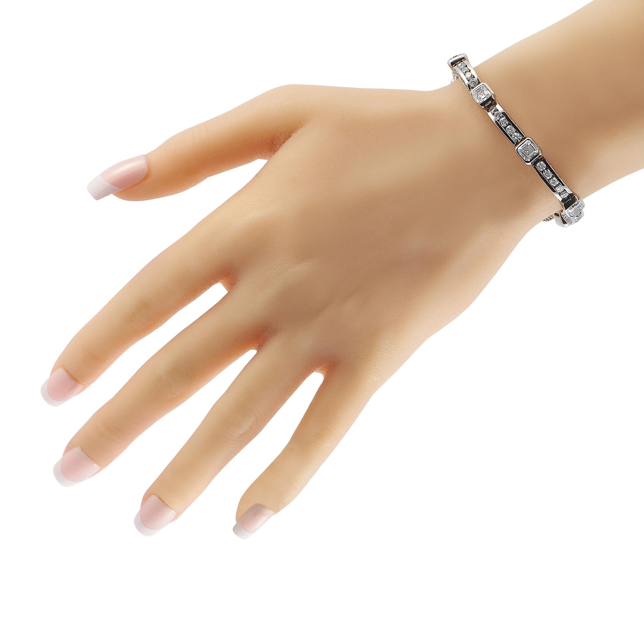 Aside from exceptional craftsmanship, one can't deny the allure of this white gold bracelet by the prestigious British jewelry house Graff Diamonds. This 7-inch-long bracelet in 18K white gold features eight bezel-set Asscher diamonds with a