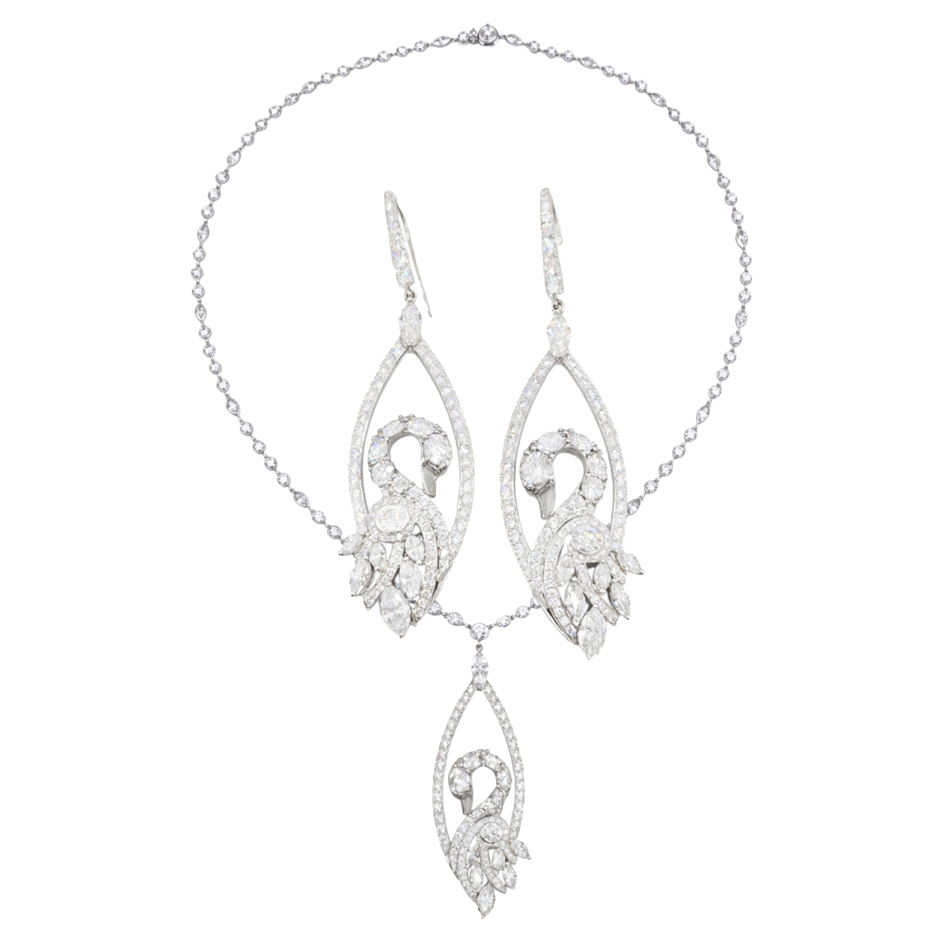 Graff 18K White Gold 18.4 Carat Diamond Swan Necklace & Earrings Suite