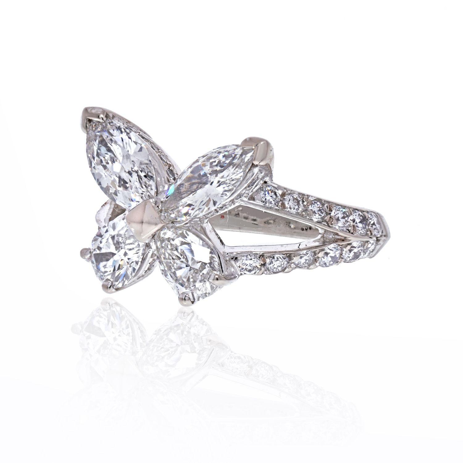 Graff's signature butterfly motif is depicted in pear shape and marquise stones in our Classic Butterfly ring. This captivating creature is set upon a parted pavé diamond set band, accentuating the brilliance of this elegant jewel. 
An enchanting