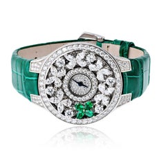 Graff 18K White Gold Diamond And Green Emerald Butterfly Watch