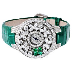 Graff 18K White Gold Diamond And Green Emerald Butterfly Watch