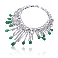 Graff 18K White Gold Diamond And Green Emerald Sugarloaf Necklace