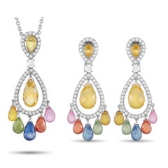 Graff 18K White Gold Diamond & Multicolored Sapphire Necklace and Earrings Set