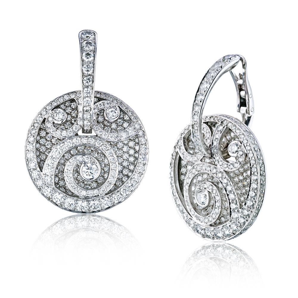 Women's Graff 18K White Gold Diamond Over Diamond Drop Round Earrings For Sale