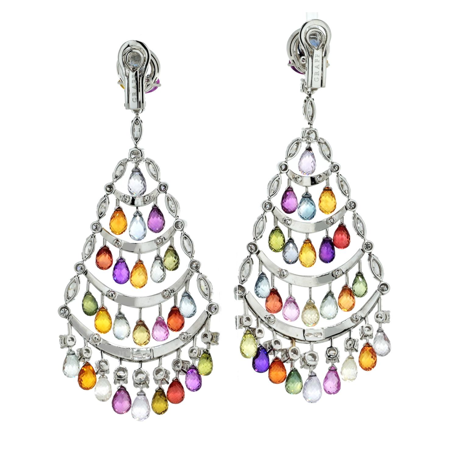 Experience unparalleled luxury with our Graff 18K White Gold Multicolor Sapphire & Diamond Chandelier Earrings. Crafted to perfection, these exquisite earrings are a symphony of color and brilliance, showcasing meticulous detailing and Graff's