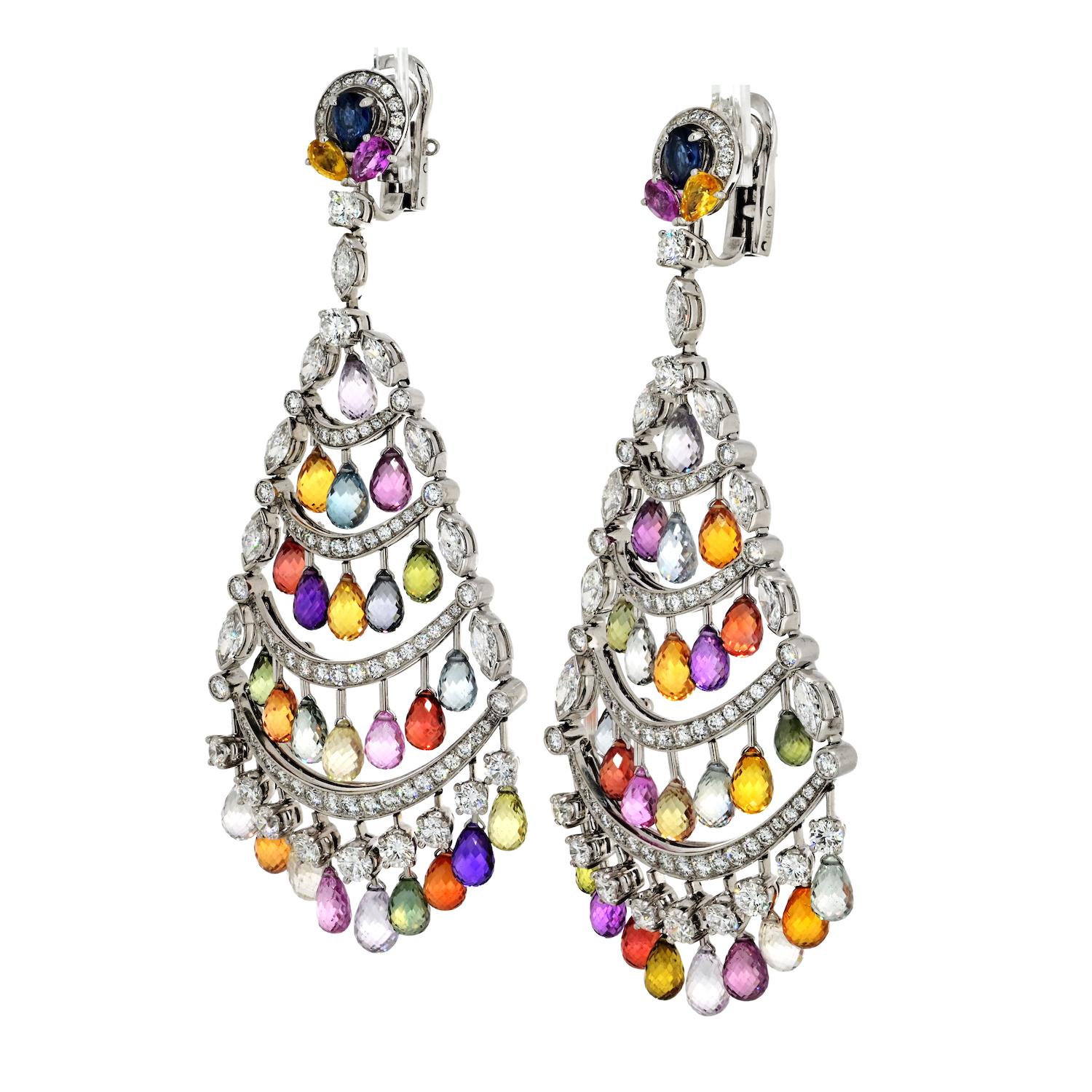 Taille ronde Graff, boucles d'oreilles lustre en or blanc 18 carats, saphirs multicolores et diamants en vente