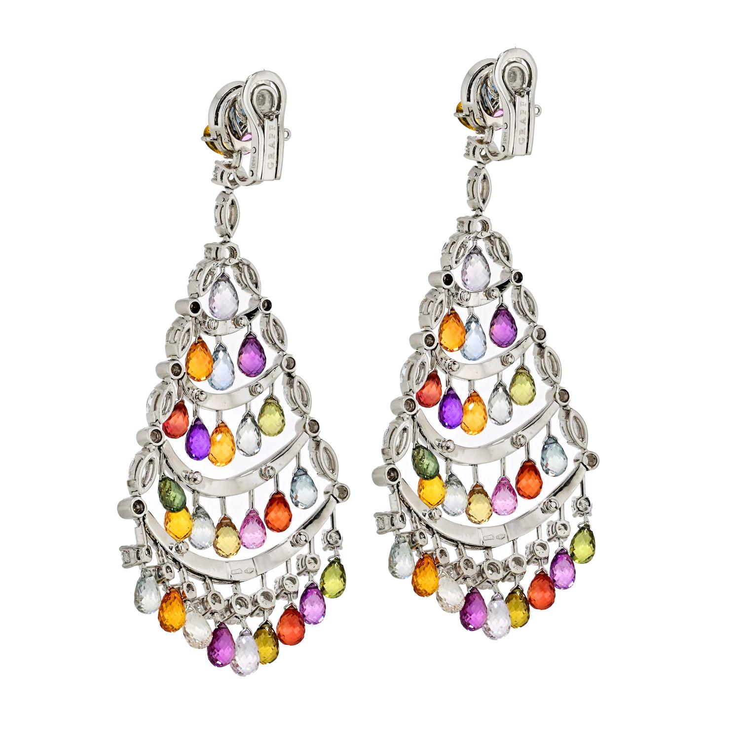 Graff 18K White Gold Multicolor Sapphire & Diamond Chandelier Earrings In Excellent Condition For Sale In New York, NY
