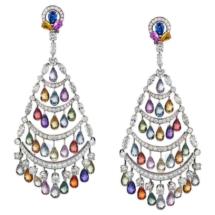 Graff 18K White Gold Multicolor Sapphire & Diamond Chandelier Earrings For Sale