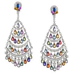 Vintage Graff 18K White Gold Multicolor Sapphire & Diamond Chandelier Earrings