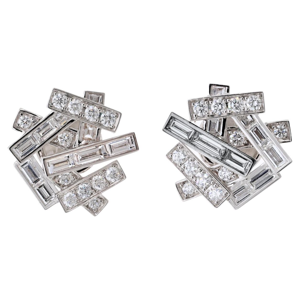 Graff 18K White Gold Threads Baguette And Round Earrings