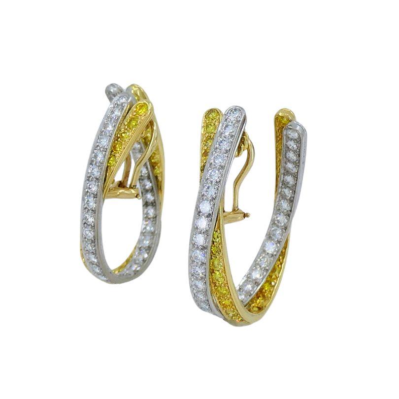 Brilliant Cut Graff 14k White & Yellow Gold Diamond Crossover Open Hoop Earrings For Sale
