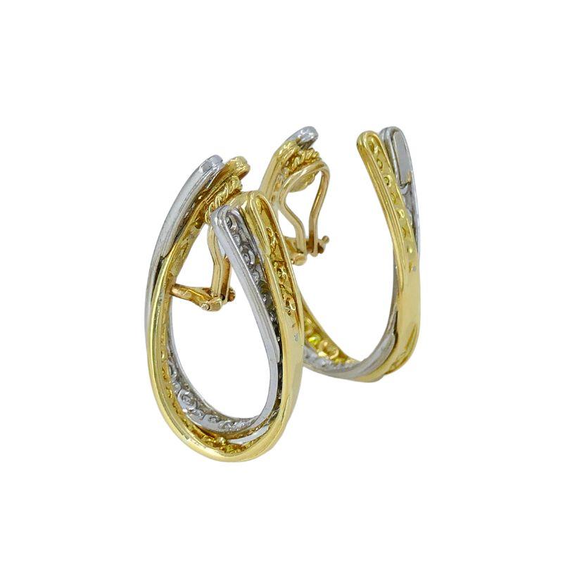 Graff 14k White & Yellow Gold Diamond Crossover Open Hoop Earrings For Sale 2