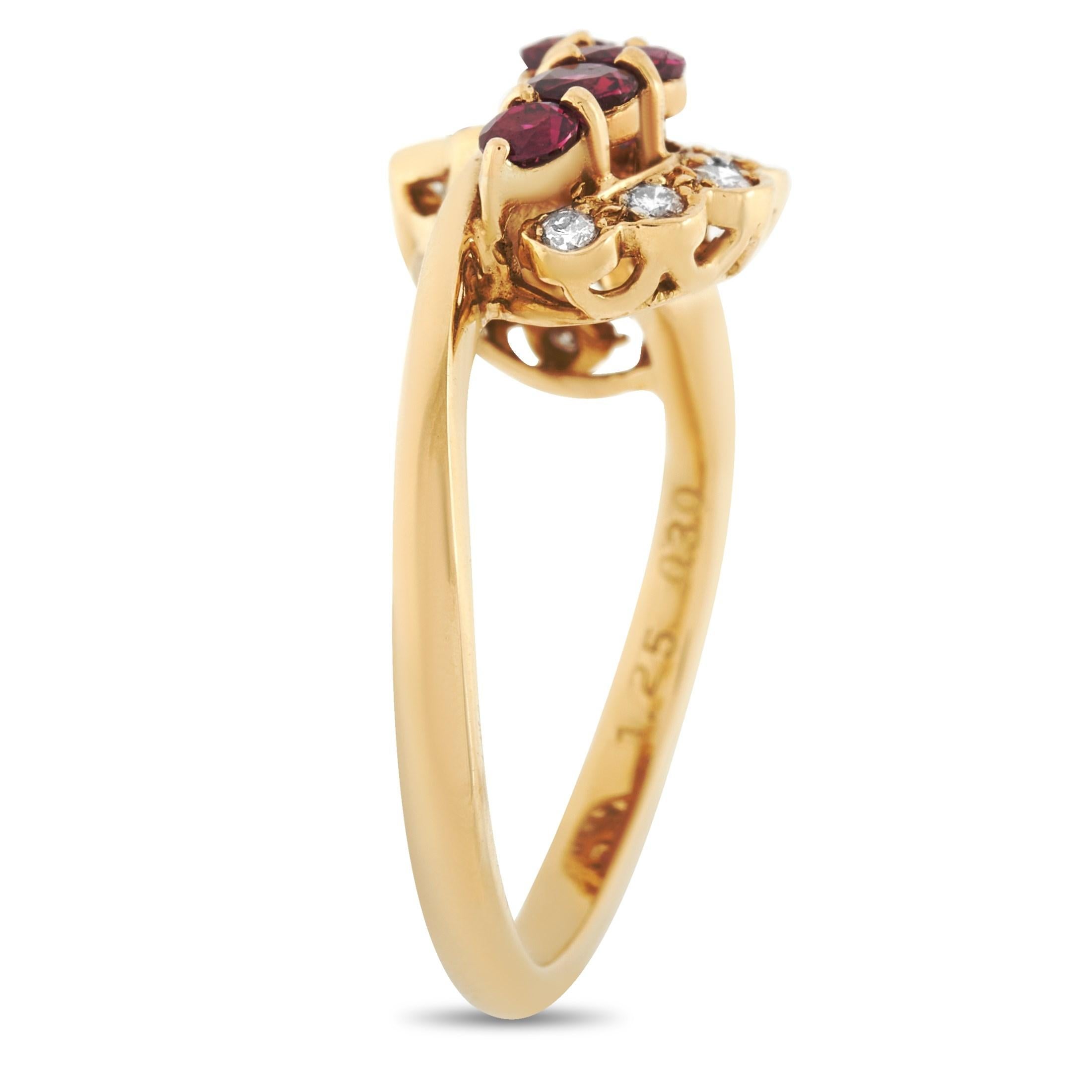 Looking lustrous and chic, the Graff 18K Yellow Gold 0.30 ct Diamond & 1.25 ct Ruby Ring will make a captivating addition to your jewelry collection. The yellow gold shank is designed to have a free-form shape, an almost bypass silhouette accented