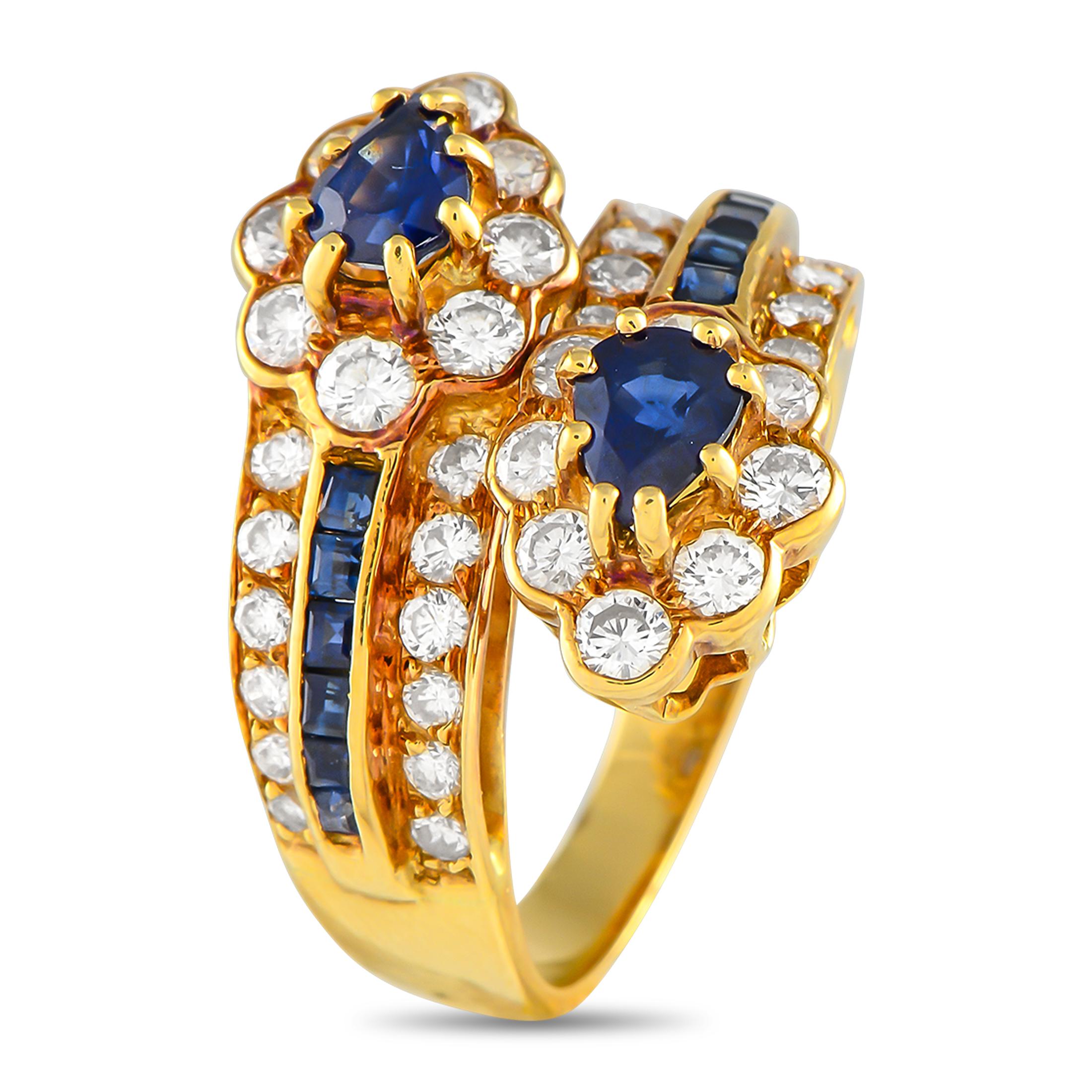 A captivating 18K Yellow Gold setting sets the stage for this beautiful Graff ring. Diamonds with a total weight of 0.75 carats add plenty of sparkle to this exquisite accessory, while Sapphire stones totaling 1.50 carats add color and visual impact