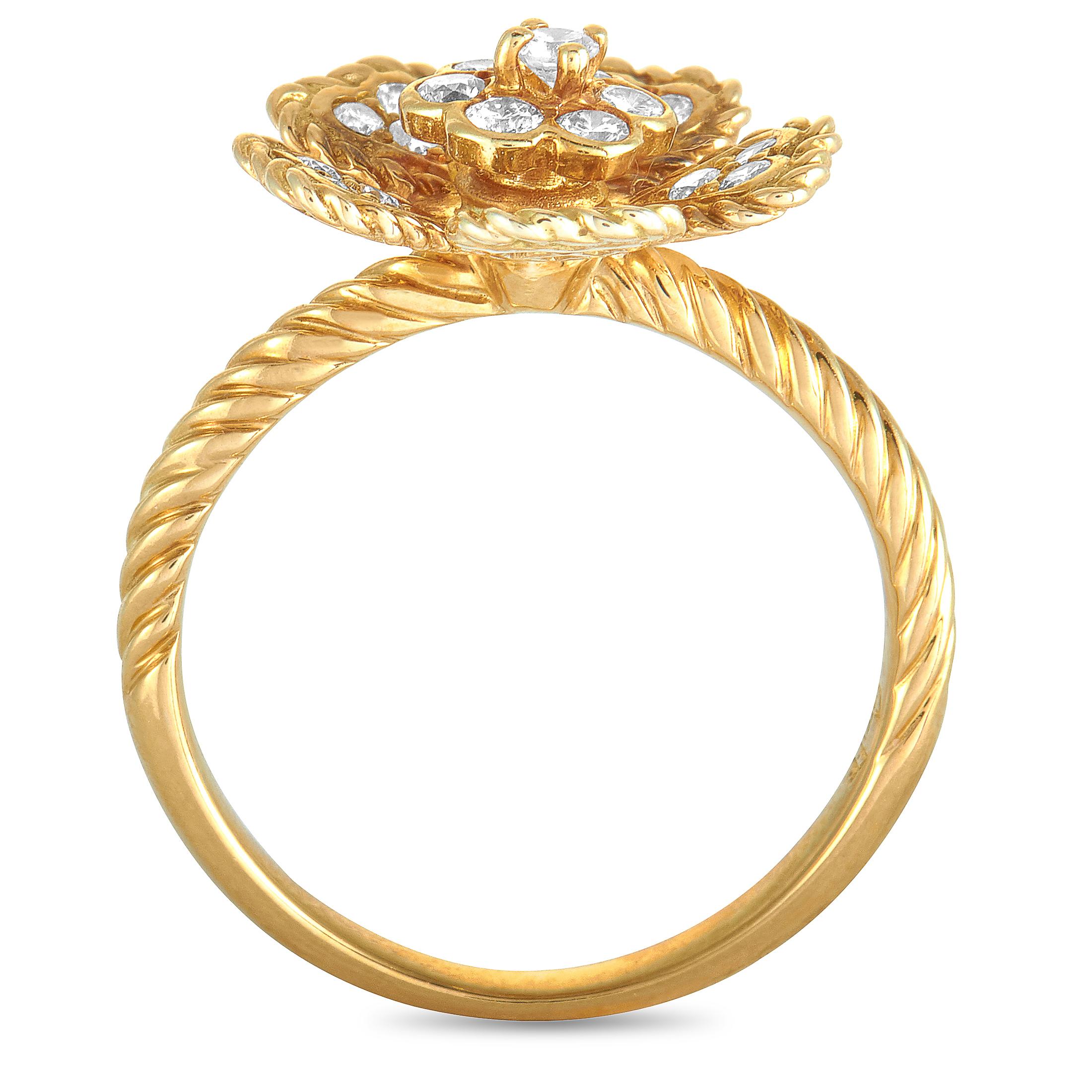 This Graff ring is made out of 18K yellow gold and diamonds that total 0.41 carats. The ring weighs 4.1 grams and boasts band thickness of 2 mm and top height of 6 mm, while top dimensions measure 14 by 12 mm.
Ring Size: 5.5

Offered in estate
