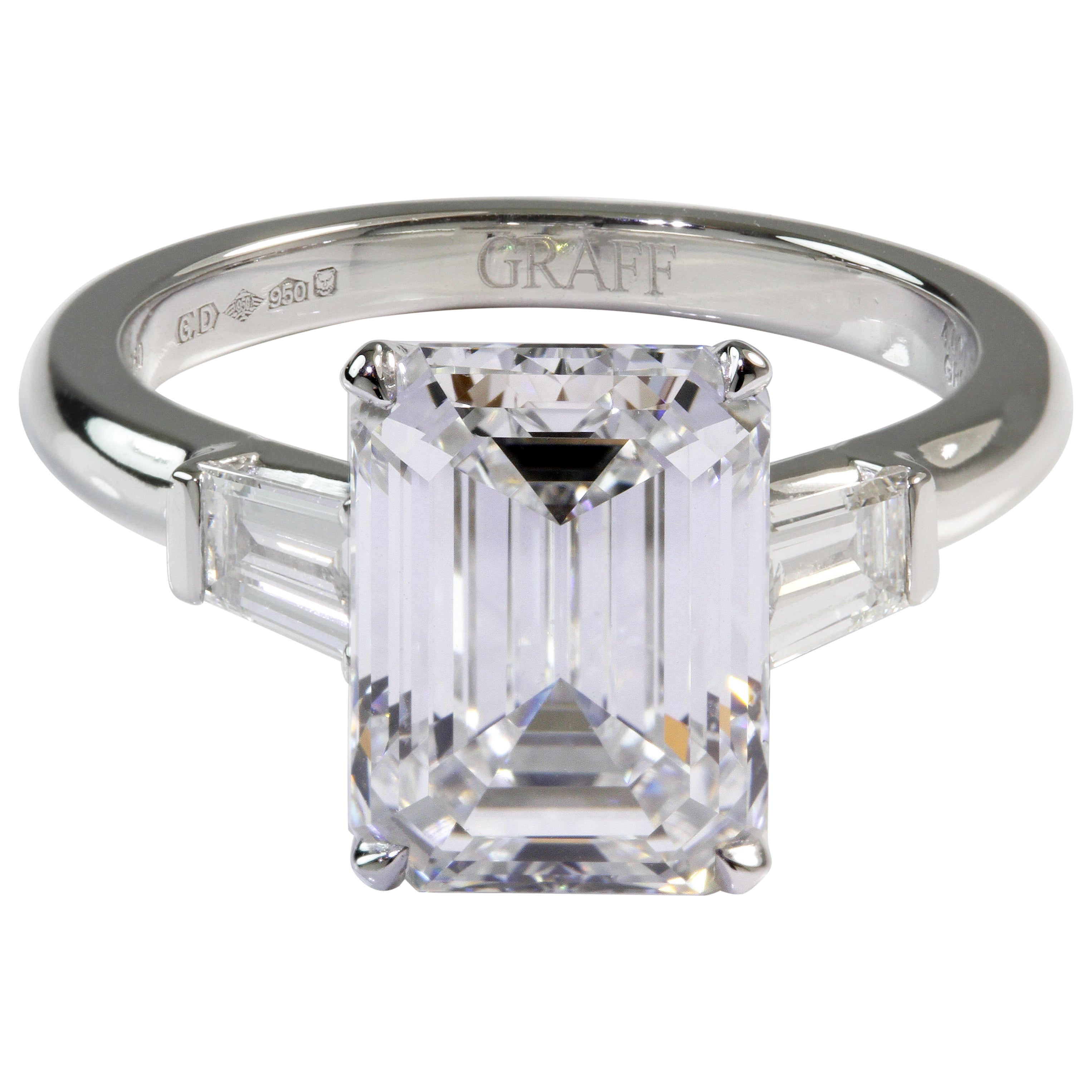Graff 4.01 Carat Emerald Diamond 
E / VS2
 Engagement Ring with Side Baguettes For Sale