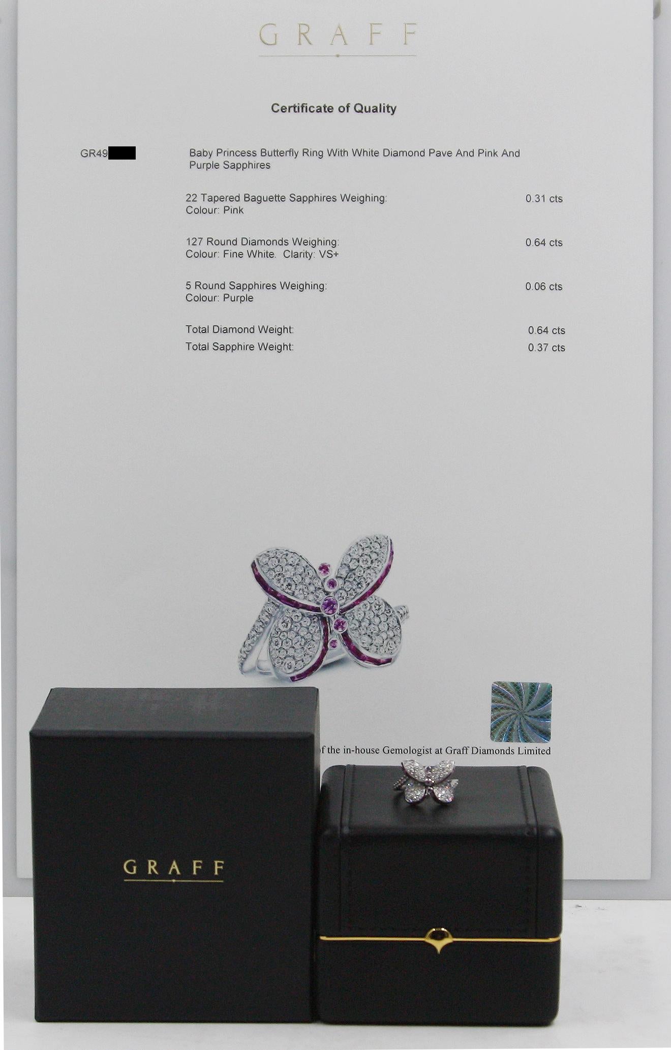 Women's Graff Baby Princess Butterfly with Pave Diamond & Pink and Purple Sapphire Ring For Sale