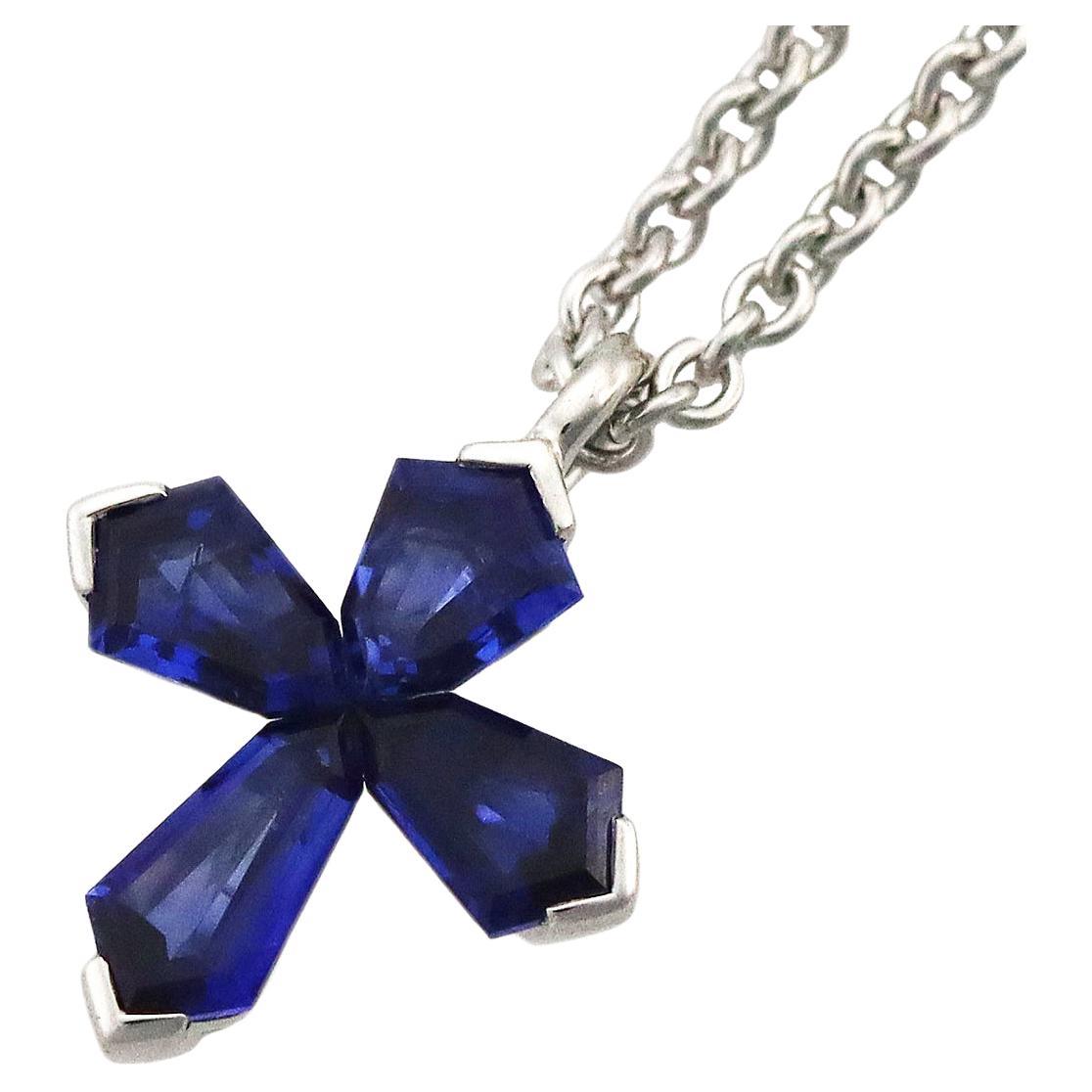 Graff Blue Sapphire 18 Karat White Gold Trapezoid Cross Pendant Necklace Small 