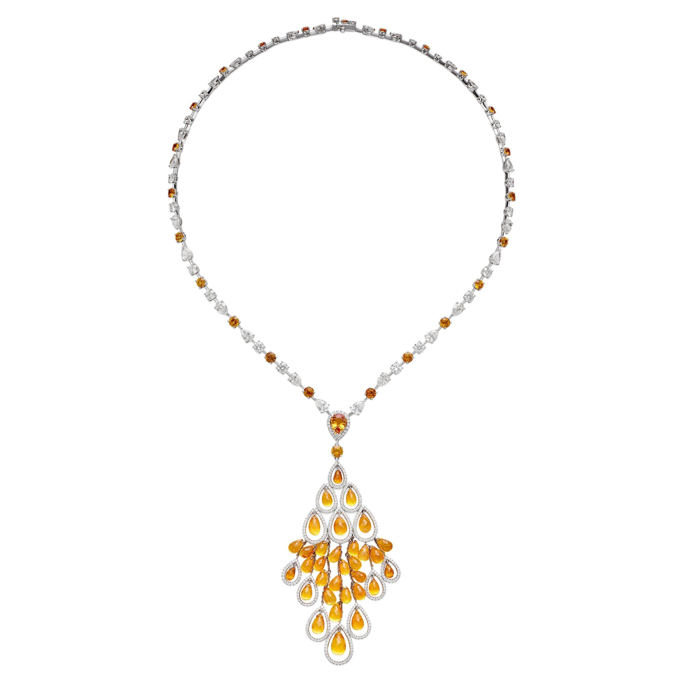 Graff Briolette Orange Sapphire Diamond White Gold Necklace