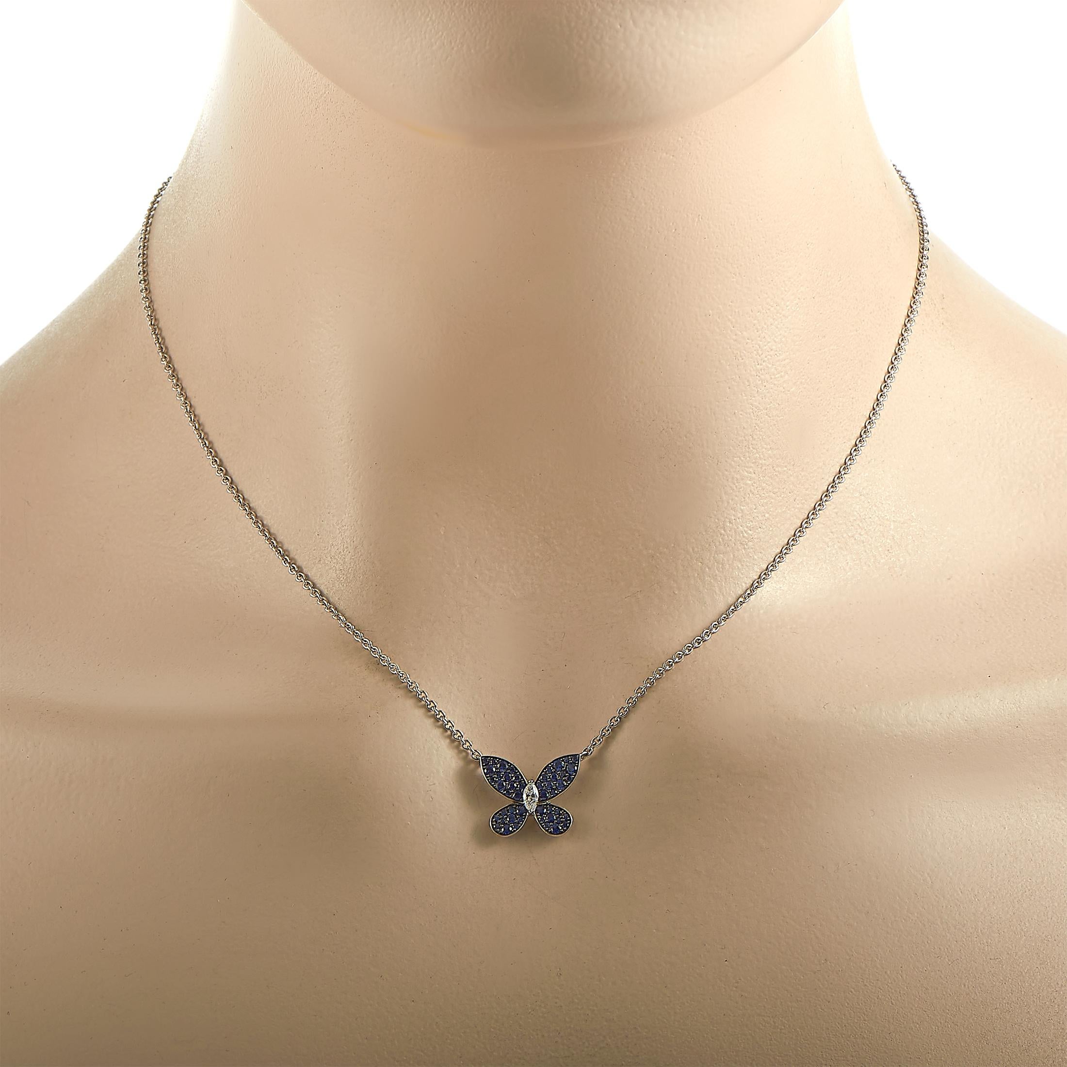 The Graff “Butterfly” necklace is made of 18K white gold and weighs 6 grams. The necklace is presented with a 16” chain onto which a butterfly pendant is attached. The pendant measures 0.55” in length and 0.65” in width and is embellished with