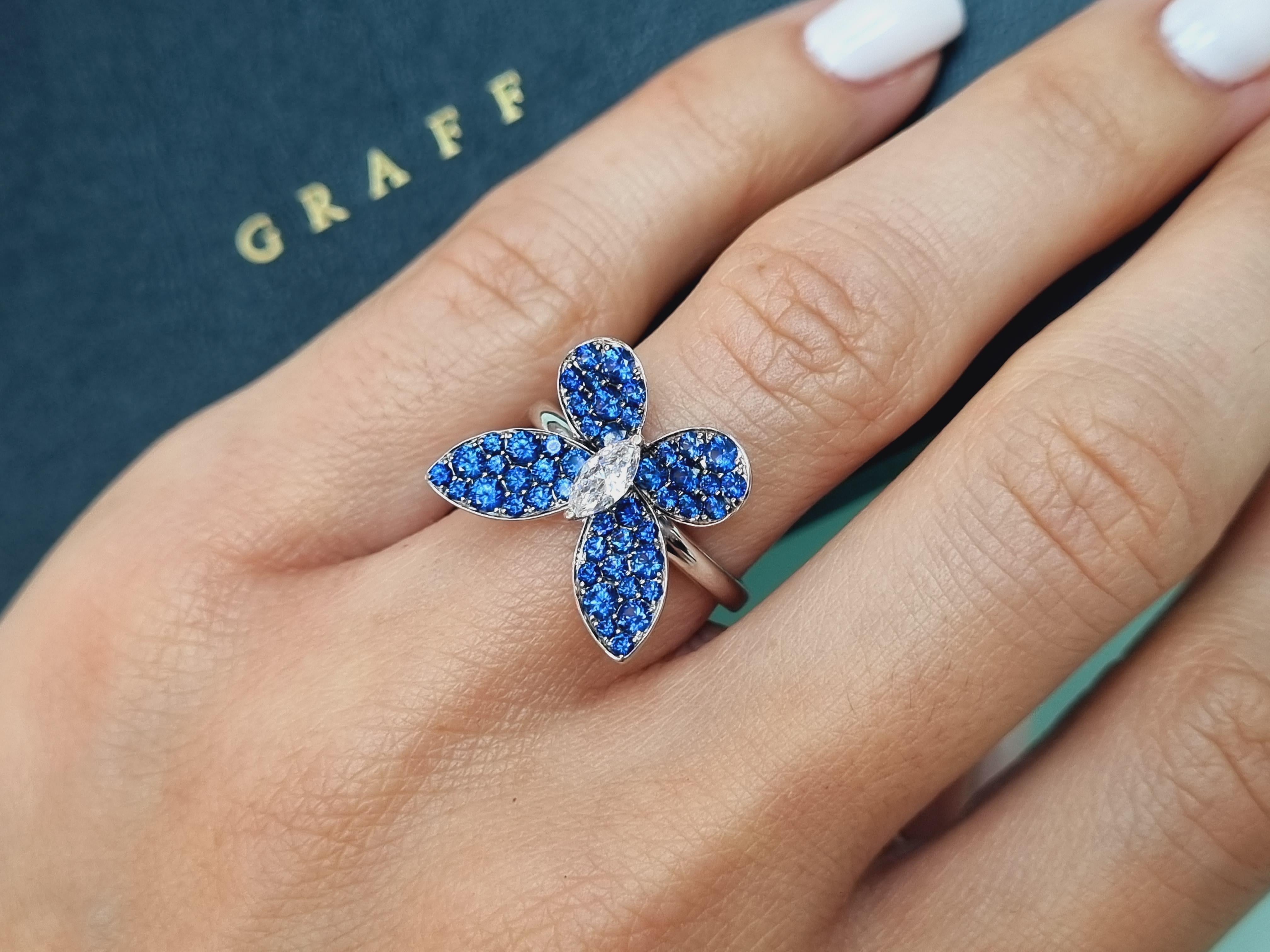 Graff Butterfly 18k White Gold Diamond And Sapphire Ring For Sale 2