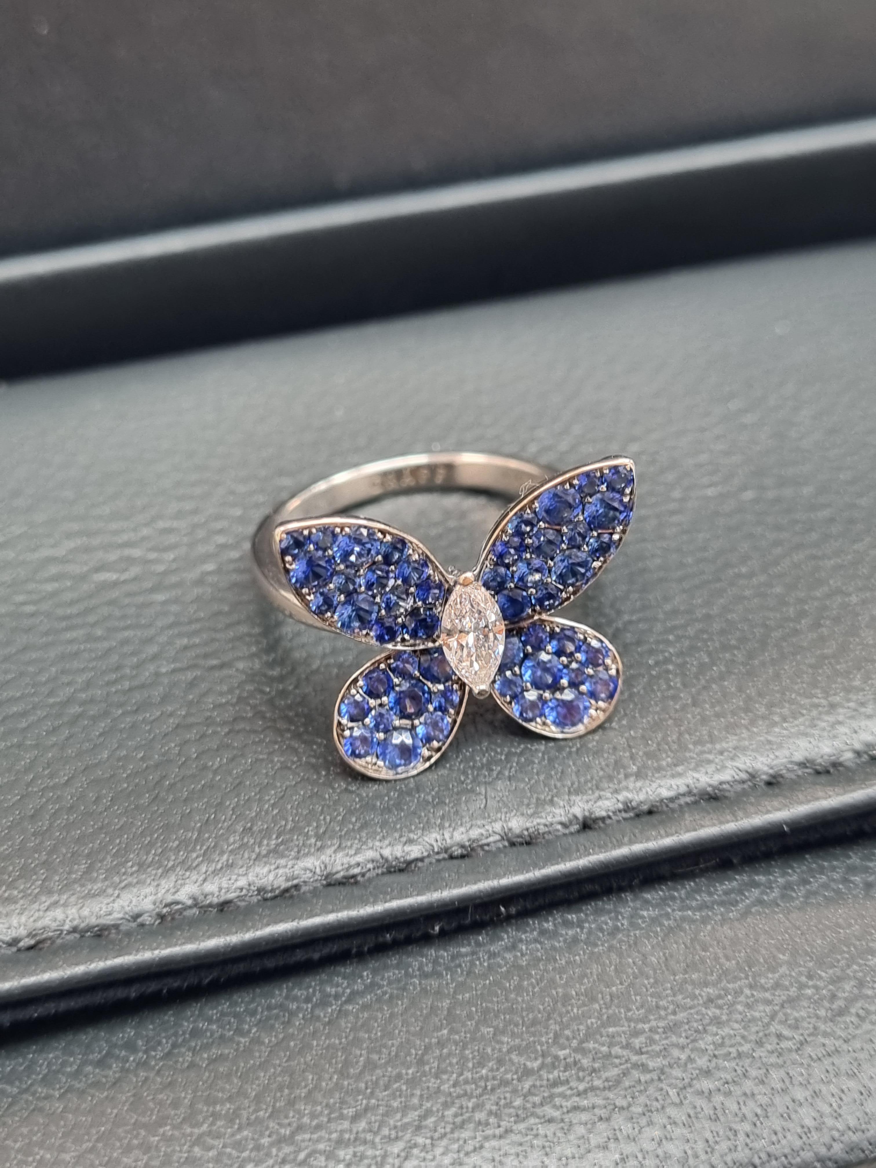Marquise Cut Graff Butterfly 18k White Gold Diamond And Sapphire Ring For Sale