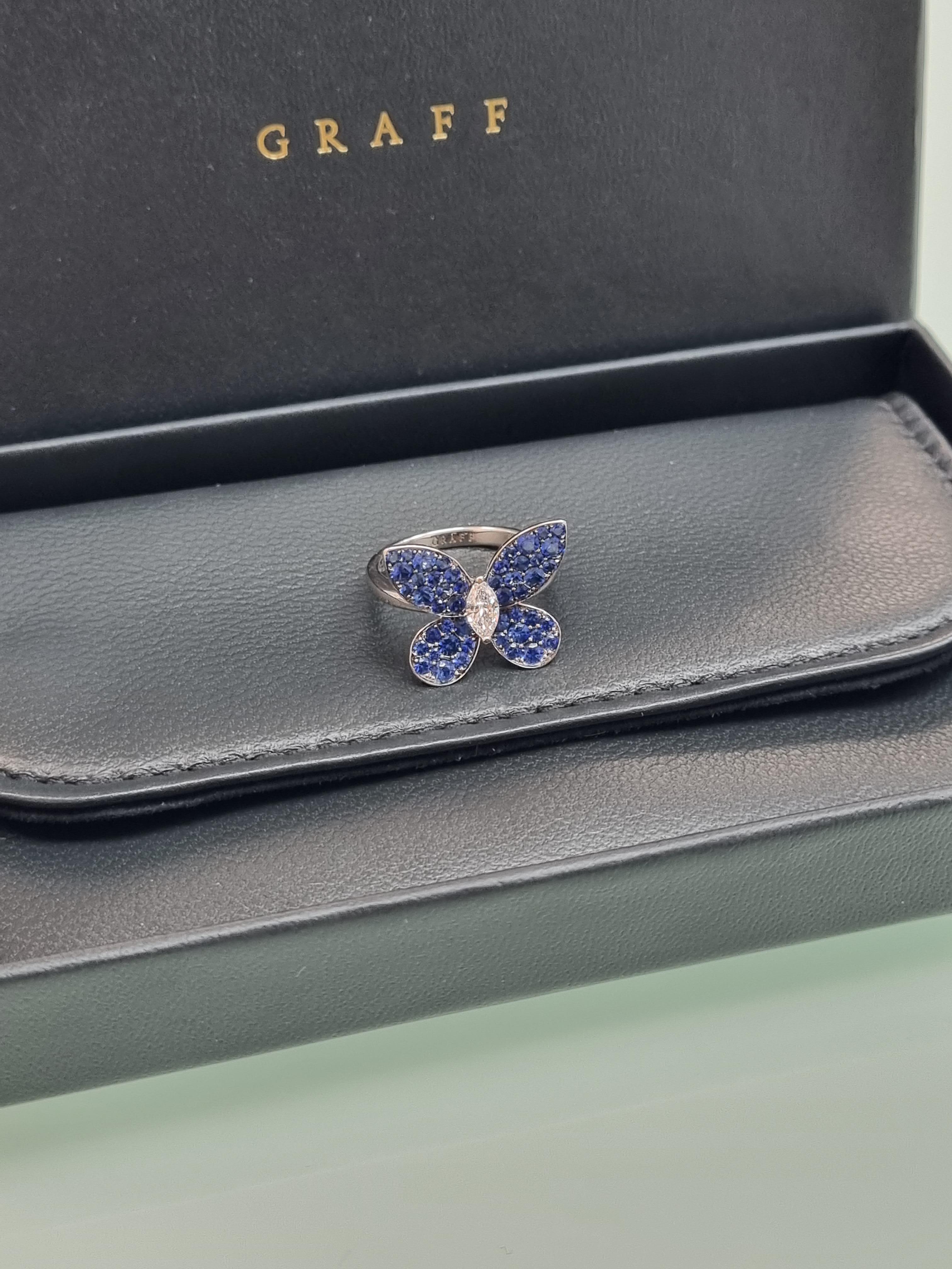 Graff Butterfly 18k White Gold Diamond And Sapphire Ring In New Condition For Sale In South Woodford, GB