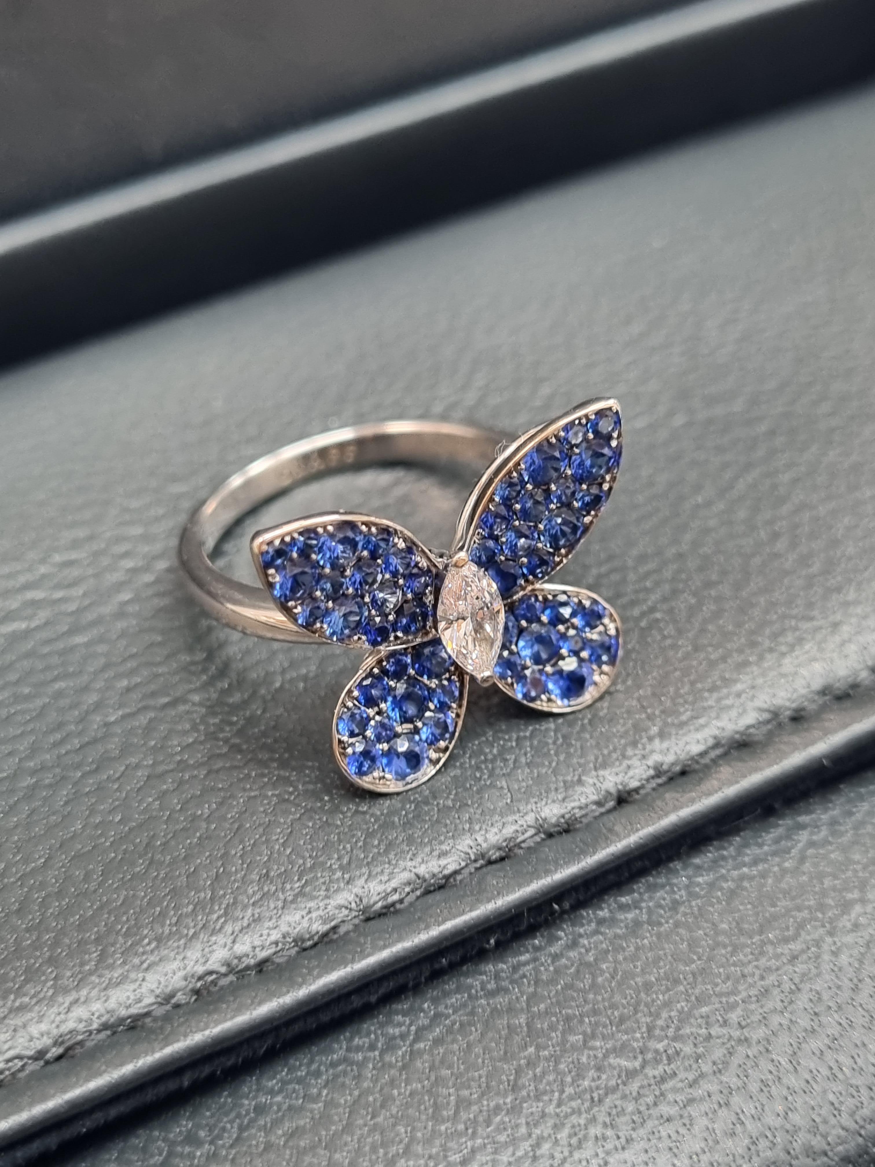 Graff Butterfly 18k White Gold Diamond And Sapphire Ring For Sale 1