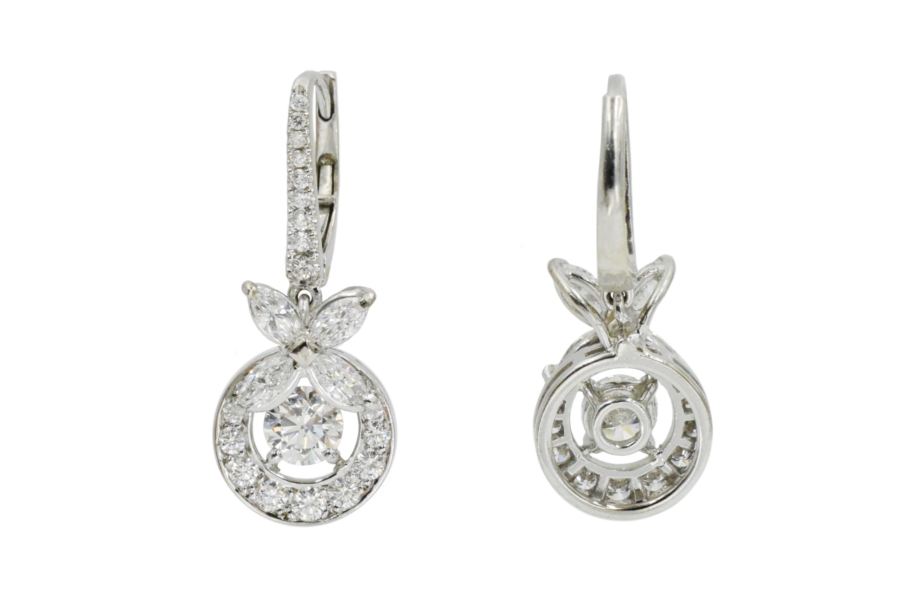 Graff diamond butterfly earrings. This pair of earrings has two center round diamonds weighing approximately total of 1.00carat, 46 fine quality round diamonds  weighing 0.73 carats and 4 marquise fine quality diamonds weighing 0.90 carats  
Total