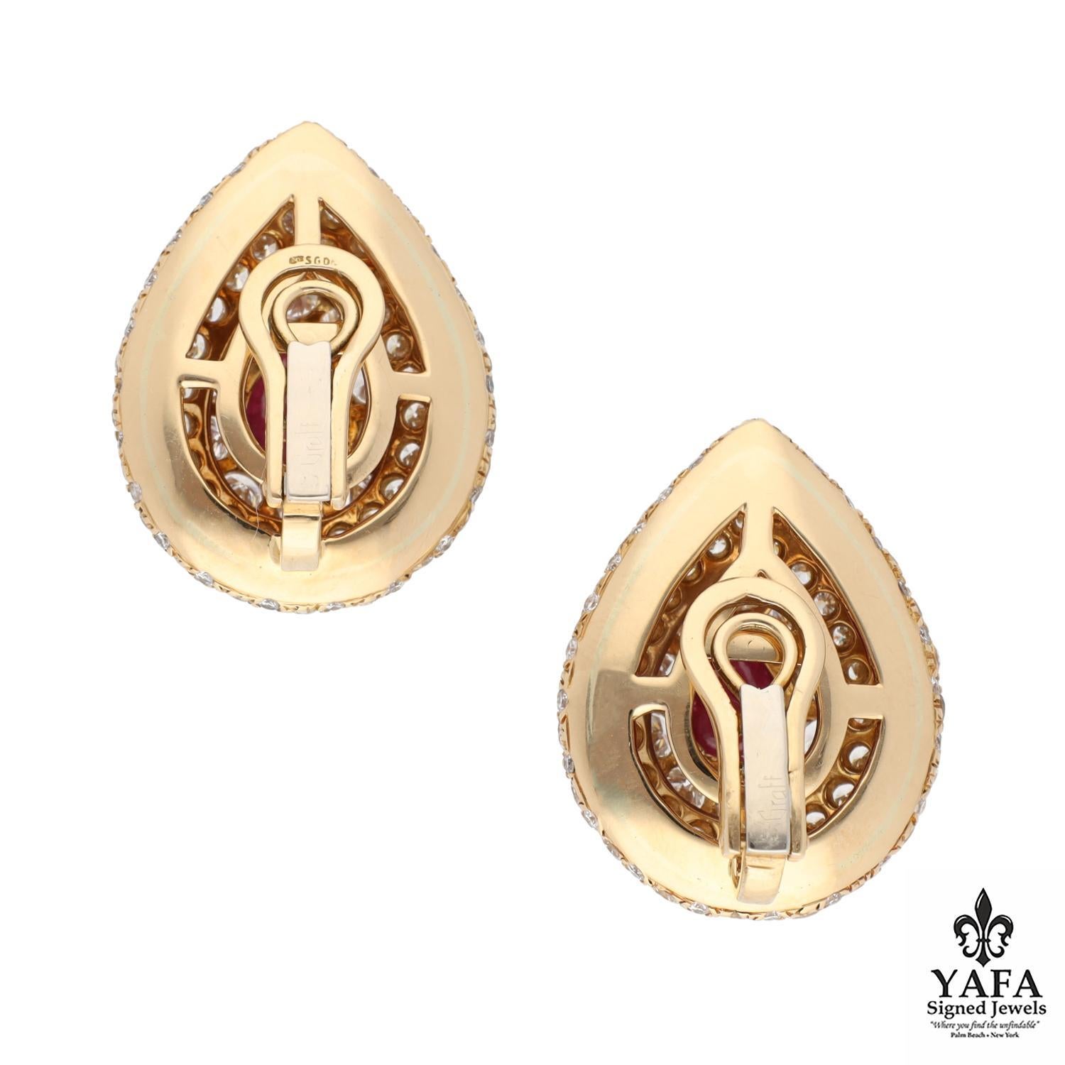 GRAFF 18K Gold Cabochon Pear Shaped Ruby and Diamond Button Ear Clips. 
Approximate Diamond Weight - 12.00 CTS
Approximate Ruby Weight - 3.00 CTS
Circa - 1980's
Approximate Length - 1.20