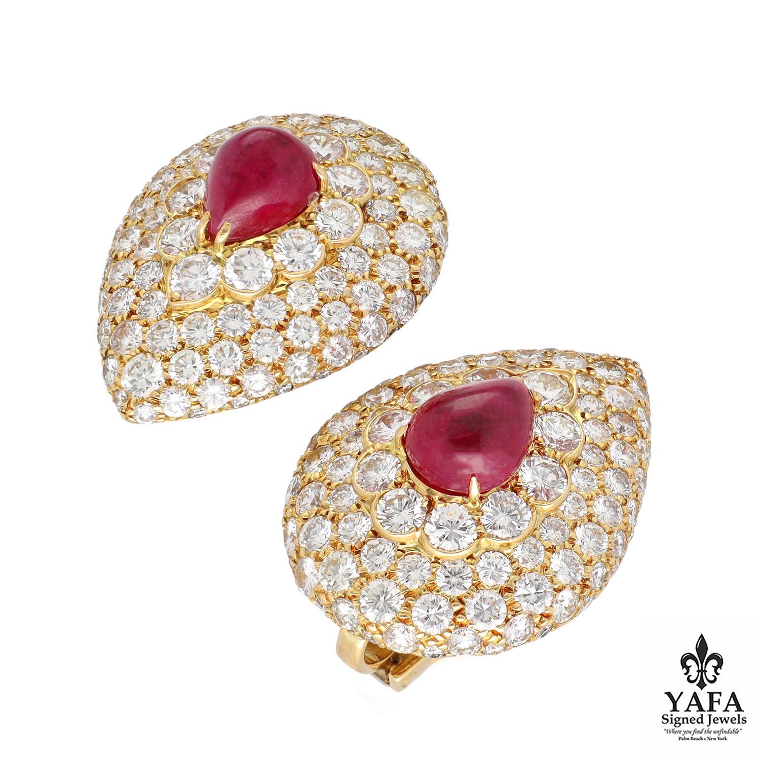 GRAFF Cabochon Pear Shaped Ruby and Diamond Button Ear Clips In Excellent Condition For Sale In New York, NY