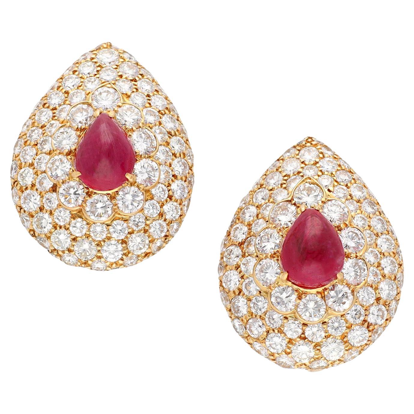 GRAFF Cabochon Pear Shaped Ruby and Diamond Button Ear Clips For Sale
