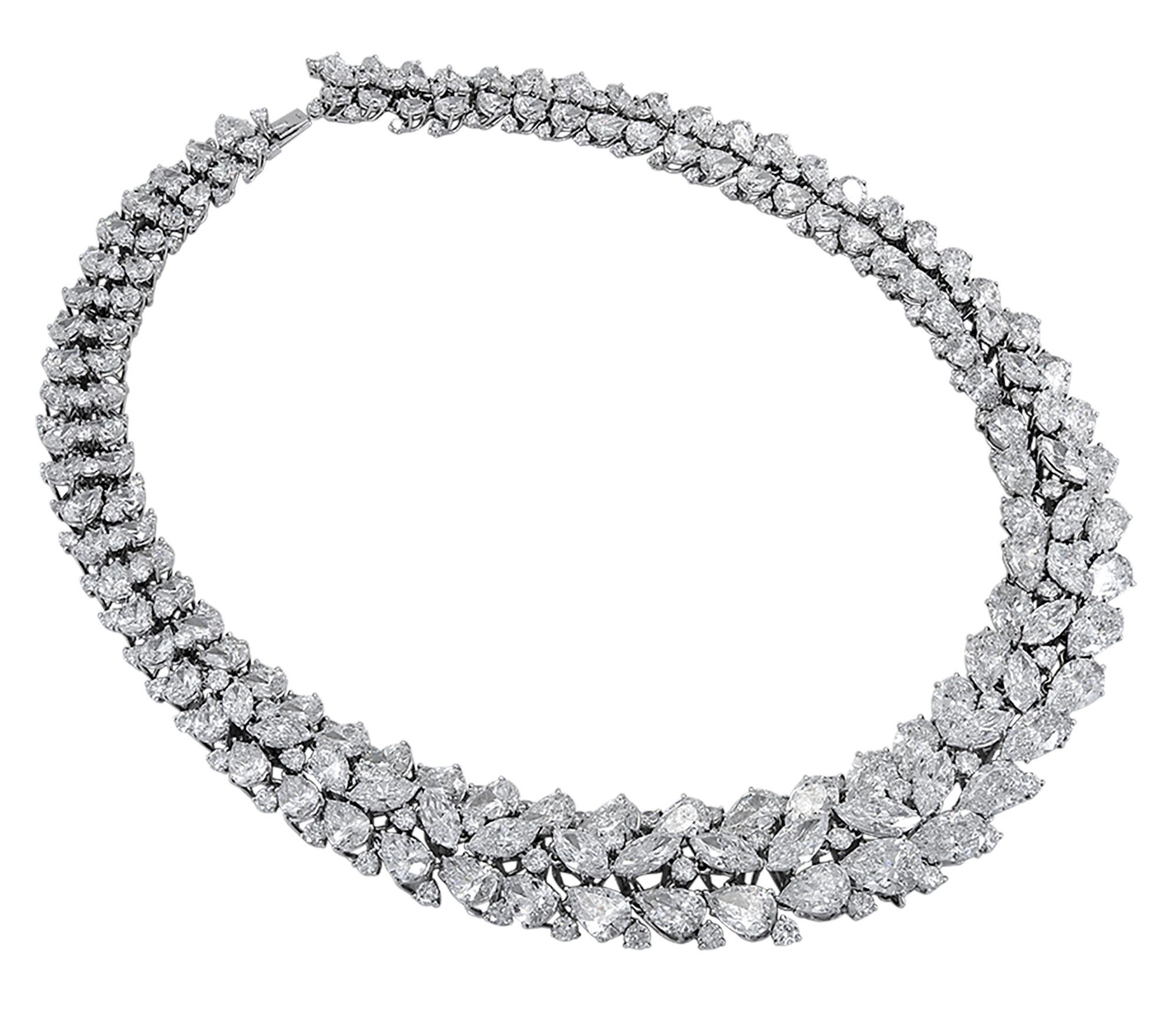 An important necklace created by Graff.
Made in platinum and set with pear shape, marquise, and round diamonds all over the necklace weighing 100.13 carats total. 
19 diamonds are certified by GIA and one diamond by HRD. The diamonds are from 2.03