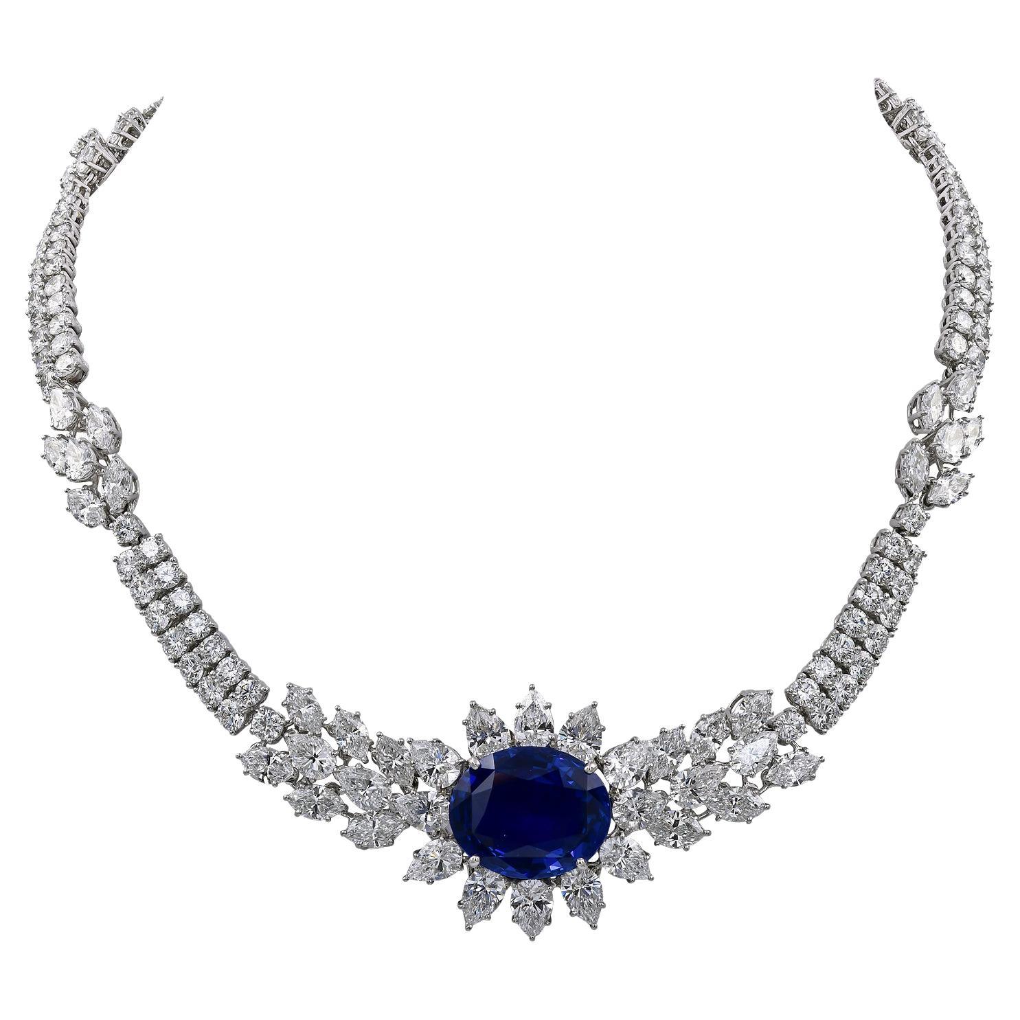 Magnificent Platinum Diamond Sapphire Necklace For Sale at 1stDibs