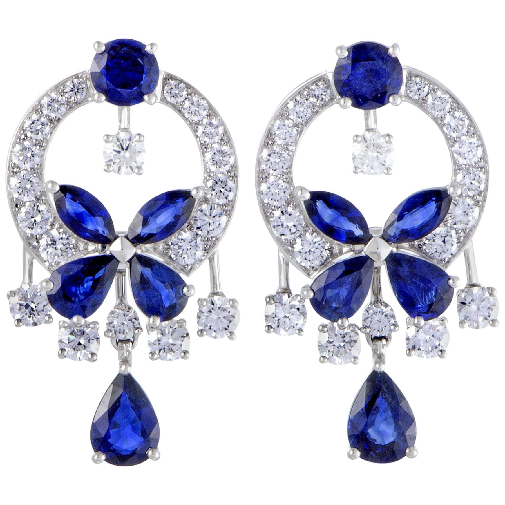 Graff Classic Butterfly 18K White Gold Full Diamond Pave and Sapphire  Dangle Ear at 1stDibs