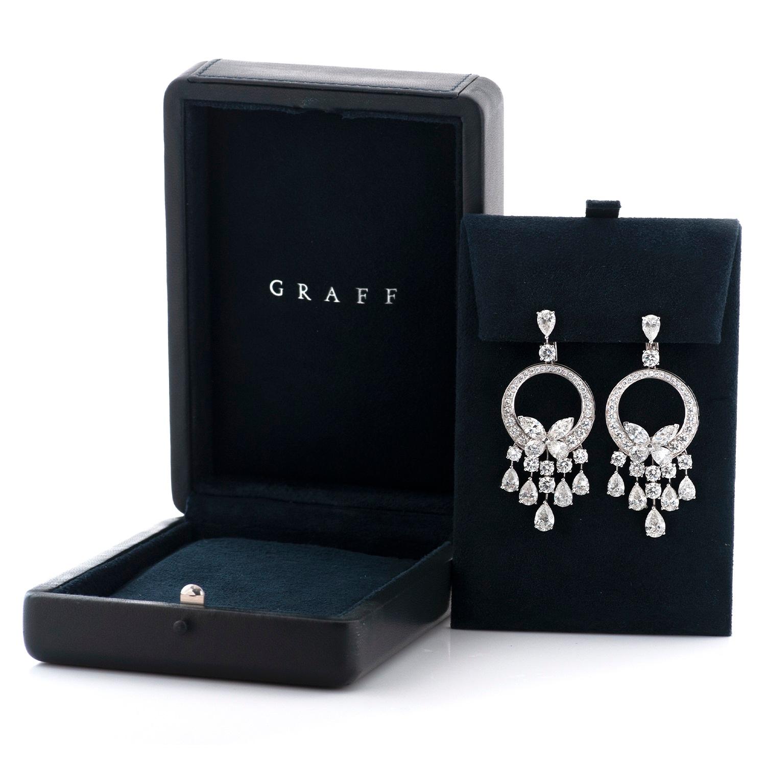 Graff Classic Butterfly chandelier diamond earrings/ear clips in 18k white gold accompanied by Graff Certificate of Quality and Graff Box.  

These earrings feature two marquise shape diamond  butterflies in a halo of round brilliant cut diamonds