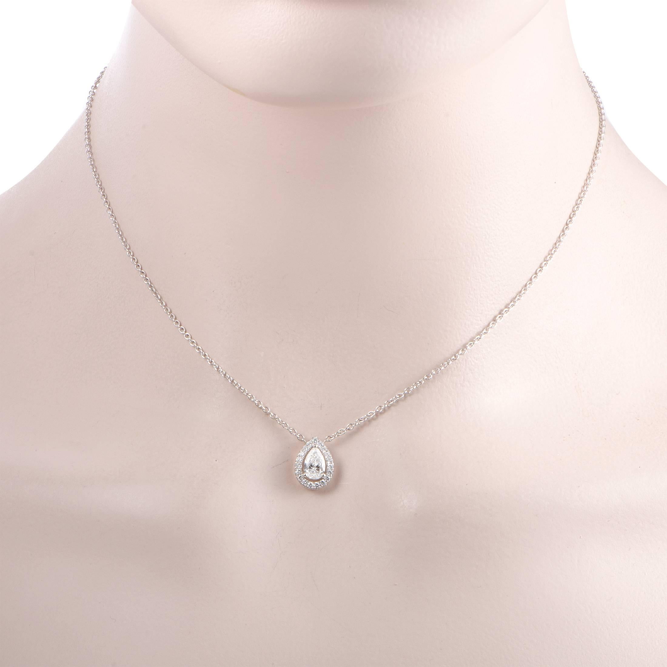 Understated elegance and classic allure are embodied in this splendid design from Graff that offers a look of utmost prestige and sophistication. Made of 18K white gold, the necklace features a pendant set with a colorless (grade F) diamond of VVS2