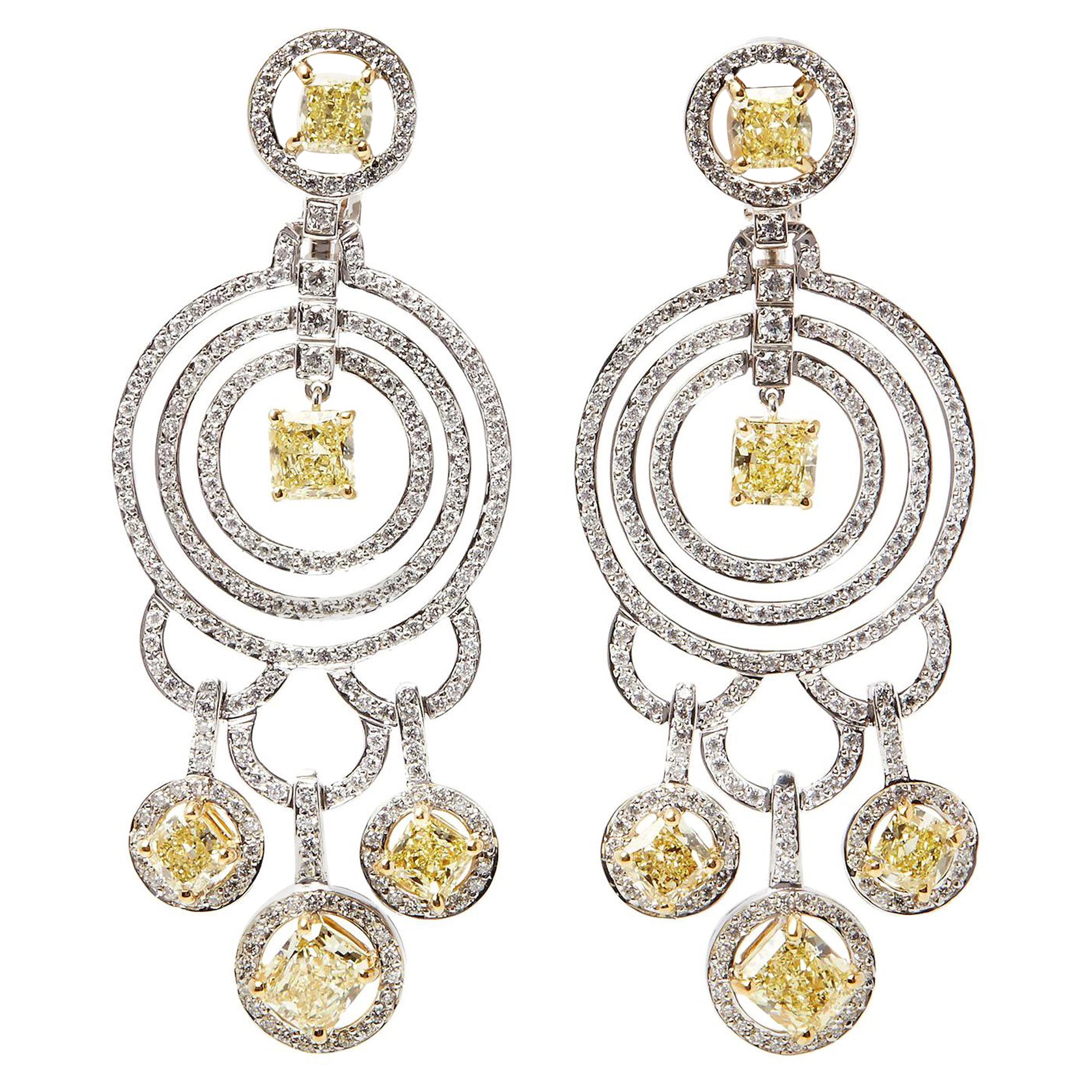 Graff Cushion Cut Yellow Diamond 18ct White Gold Chandelier Earrings