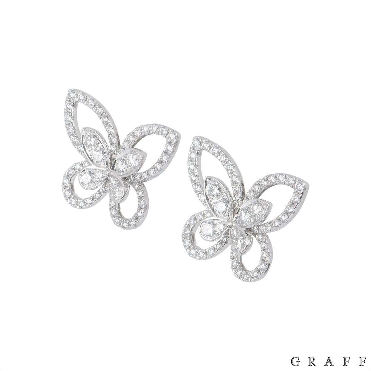 An 18k white gold pair of diamond diamond Butterfly earrings by Graff from the Butterfly collection. The earrings feature an openwork Butterfly motif set with round brilliant cut diamonds with a total weight of 1.23ct. The earrings measure 1.9cm x