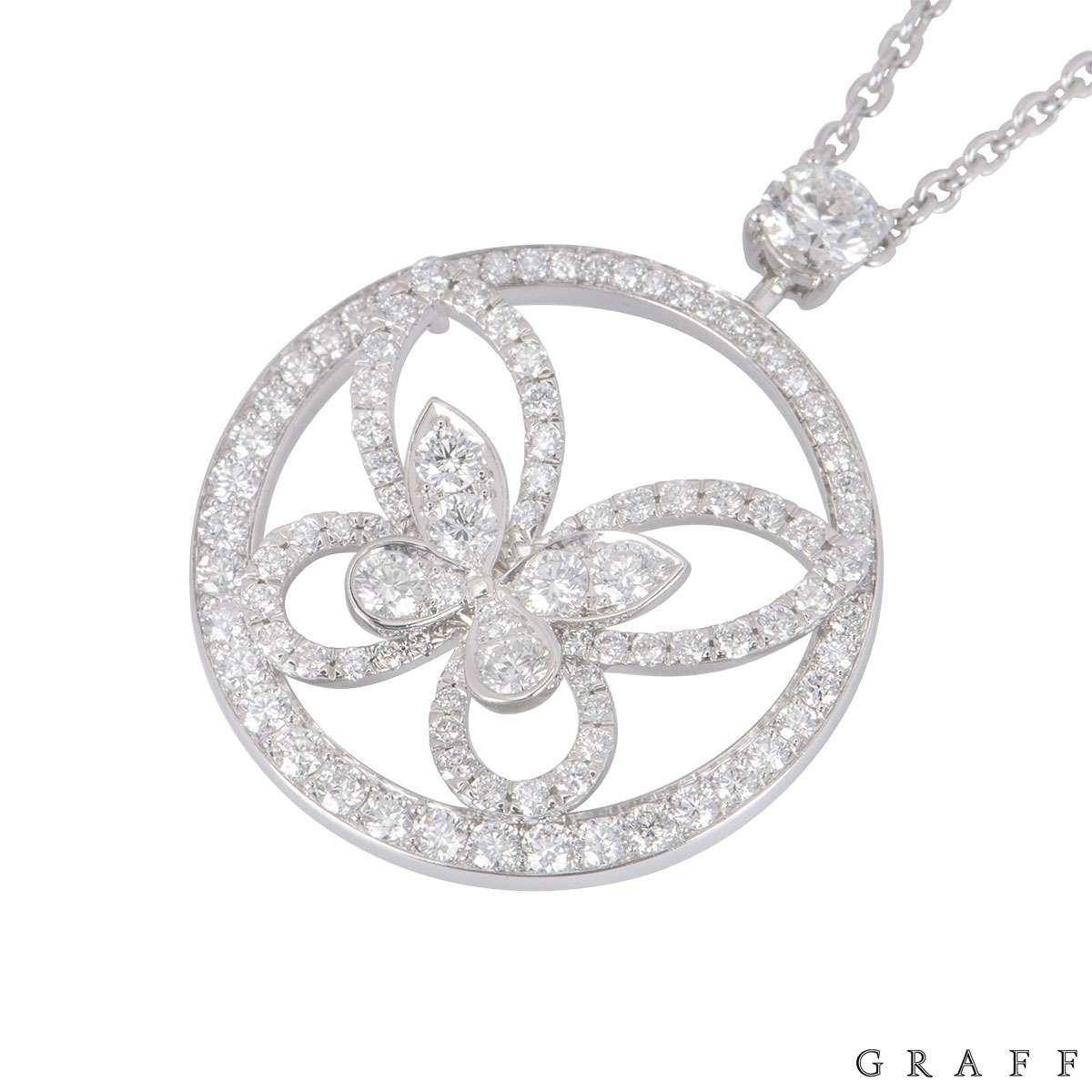 An 18k white gold diamond Butterfly pendant by Graff from the Butterfly collection. The Butterfly pendant is in an openwork design set with 107 round brilliant cut diamonds with a total weight of 1.36ct. The necklace measures 16 inches in length and