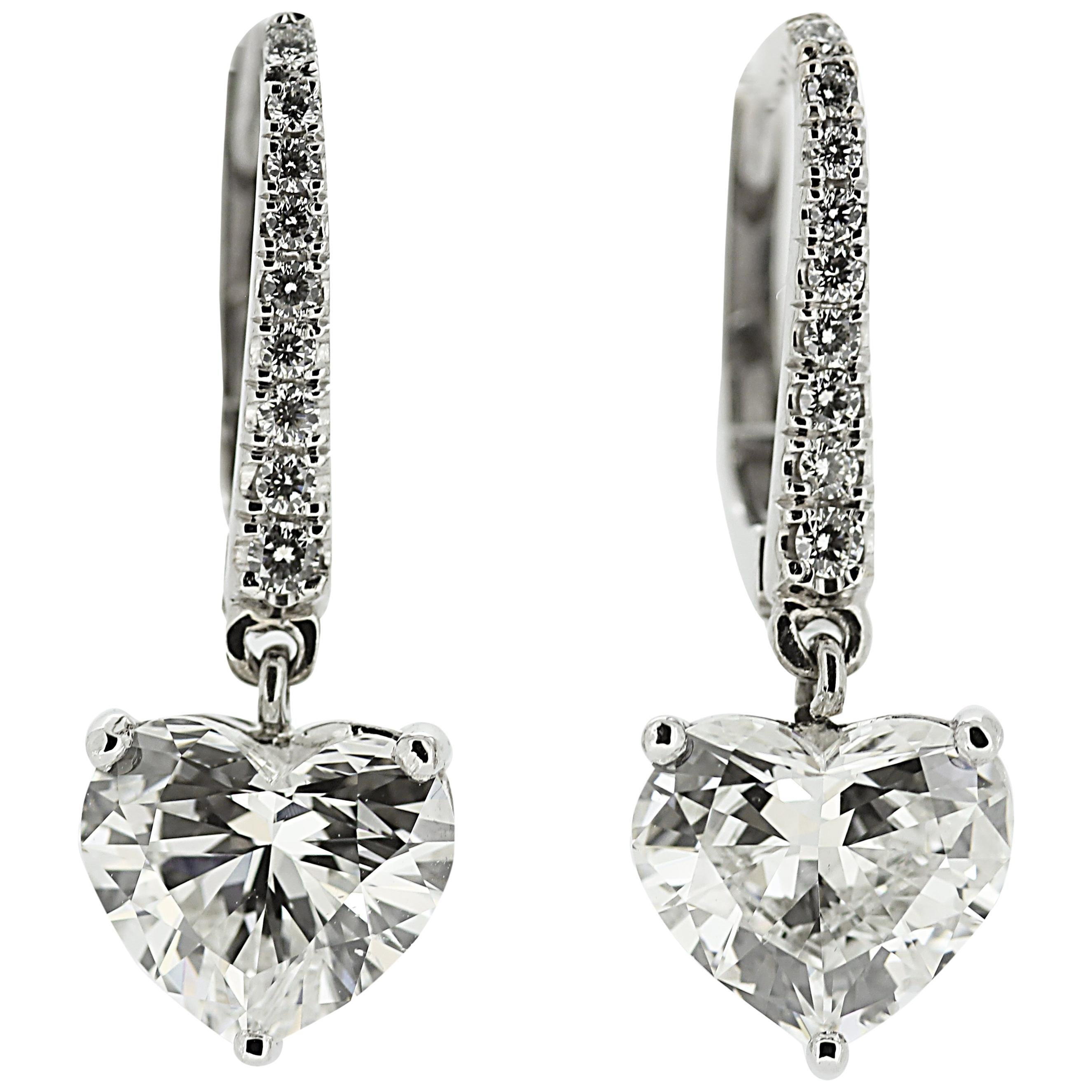 Graff Diamond Drop Earrings Gold Heart Shape Certified Diamonds 1.63 & 1.76 ct 